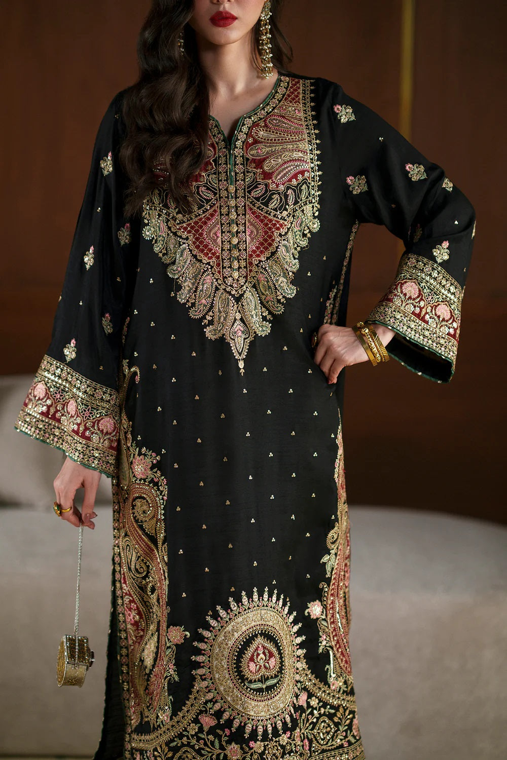 Ethnc Luxury Raw Silk Embroidered Unstitched 3PC Suit - Kaftan