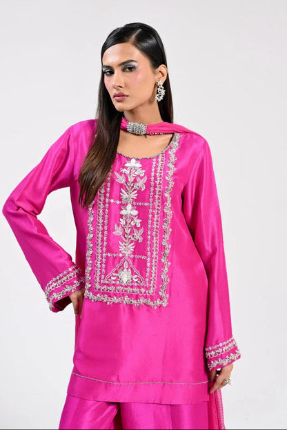 Huma Mistry Luxury Tussle Silk Embroidered Unstitched 3PC Suit - Fuchsia Flame