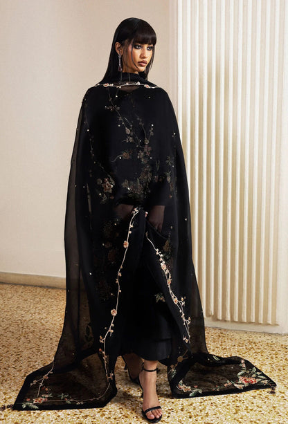Hussain Rehar Luxury Embroidered Raw Slik Unstitched 3Pc Suit - Sitara Noir