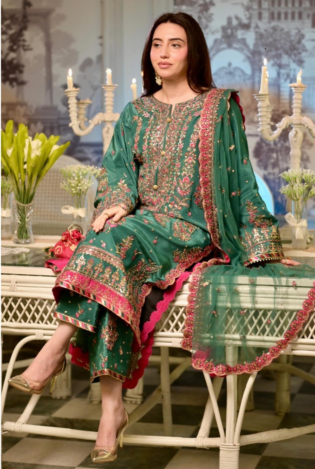 Aneela’s Bottle Green Sequence Embroidered Lawn Unstitched 3Pc Suit