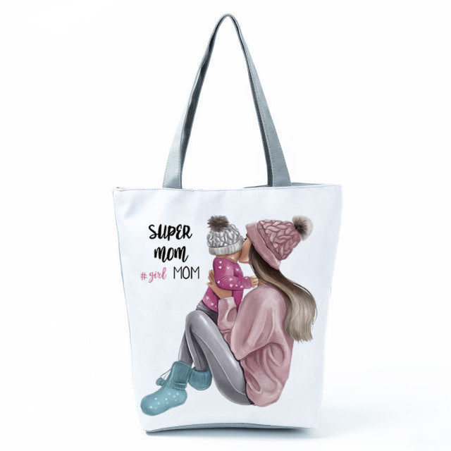 Cute Cartoon Super Mama Print Tote Bag Travel Shoulder