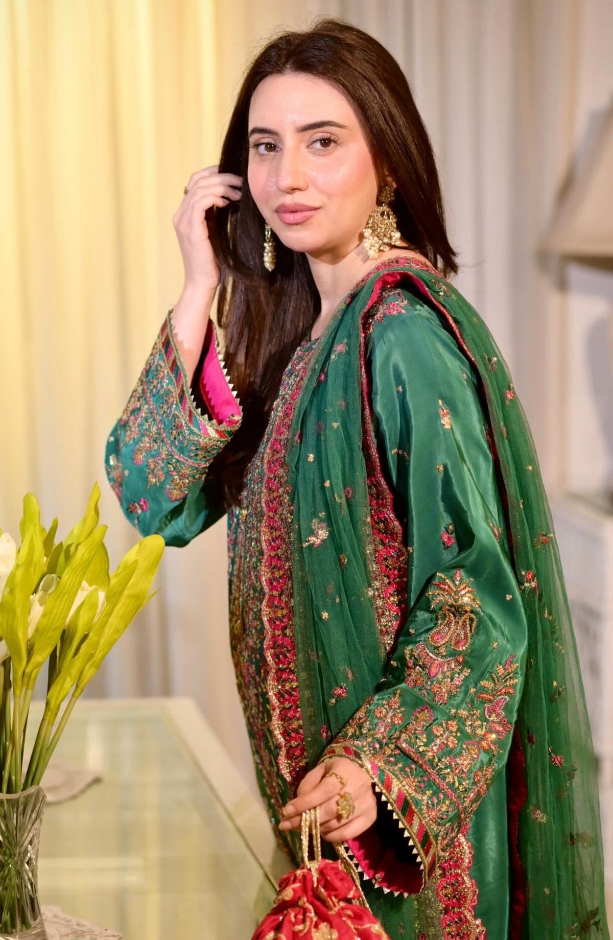 Aneela’s Bottle Green Sequence Embroidered Lawn Unstitched 3Pc Suit