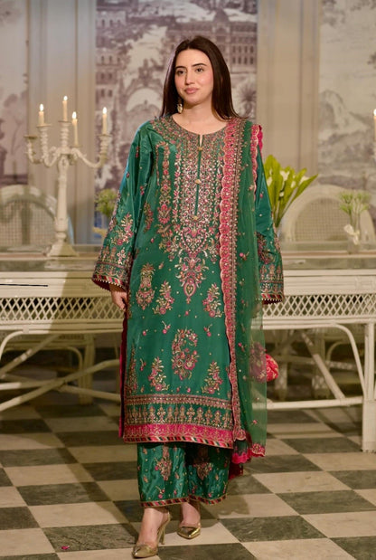 Aneela’s Bottle Green Sequence Embroidered Lawn Unstitched 3Pc Suit