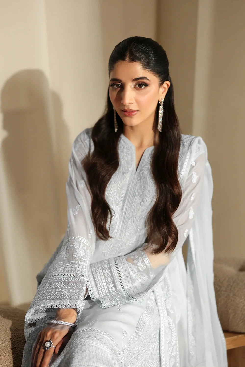 Azure Luxury Embroidered Chiffon 3Pc Unstitched Suit - Ice Serenity