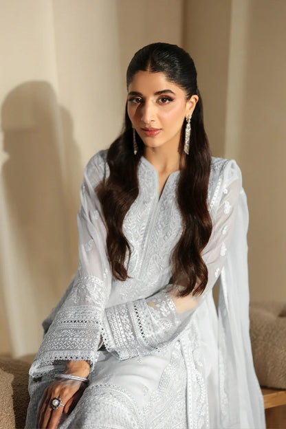 Azure Luxury Embroidered Chiffon 3Pc Unstitched Suit - Ice Serenity