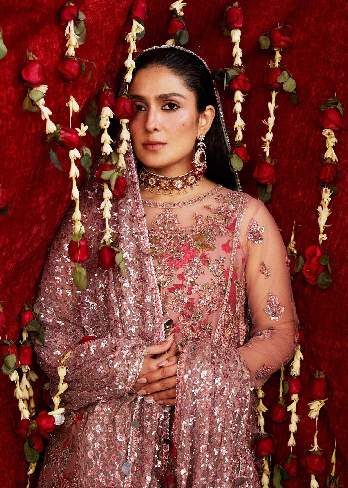 Hussain Rehar Sham Luxury Net Embroidered 3Pc Unstitched Suit Dusty Pink