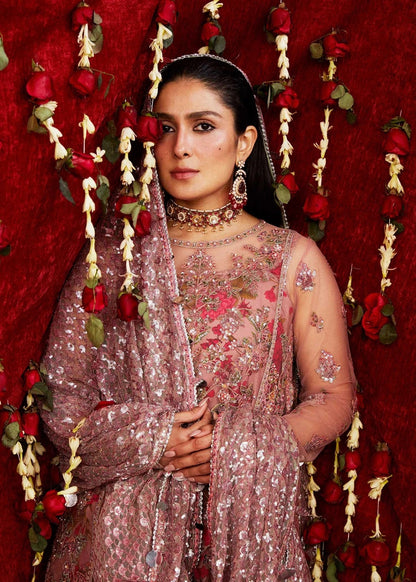 Hussain Rehar Sham Luxury Net Embroidered 3Pc Unstitched Suit Dusty Pink