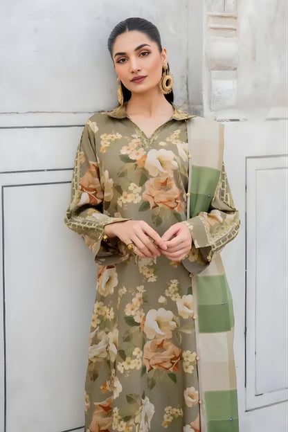 Baroque - 3PC Unstitched Printed Karandi Shirt with Printed Karandi Dupatta and Trouser