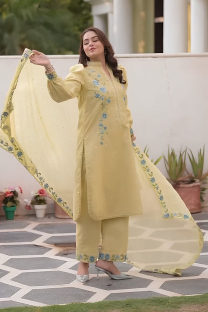 Aneelas - 3PC Unstitched Lawn Embroidered Shirt with Cotton Net Embroidered Dupatta and Trouser
