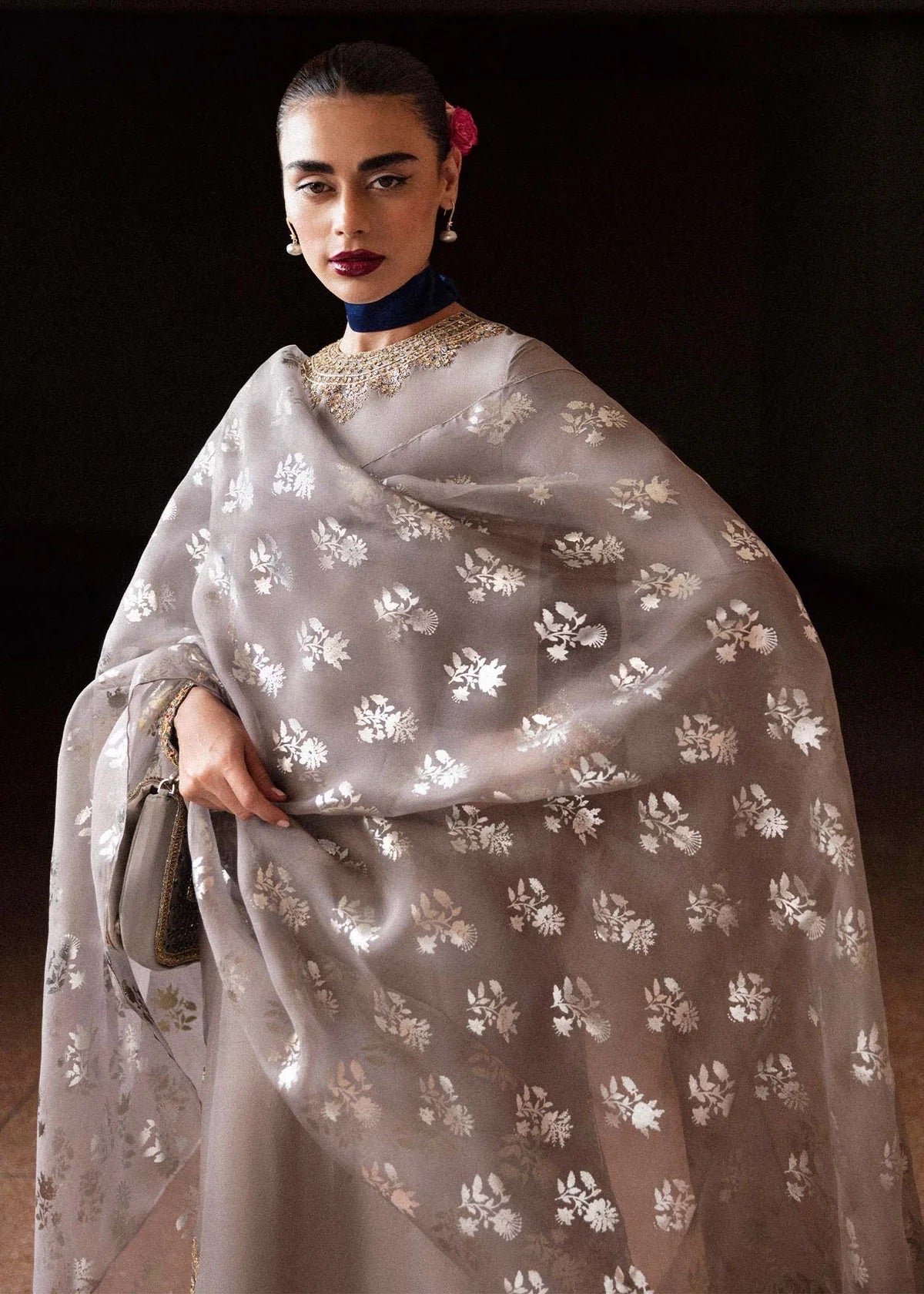 Hussain Rehar Luxury Raw Silk Embroidered 3Pc Unstitched Suit - Mist