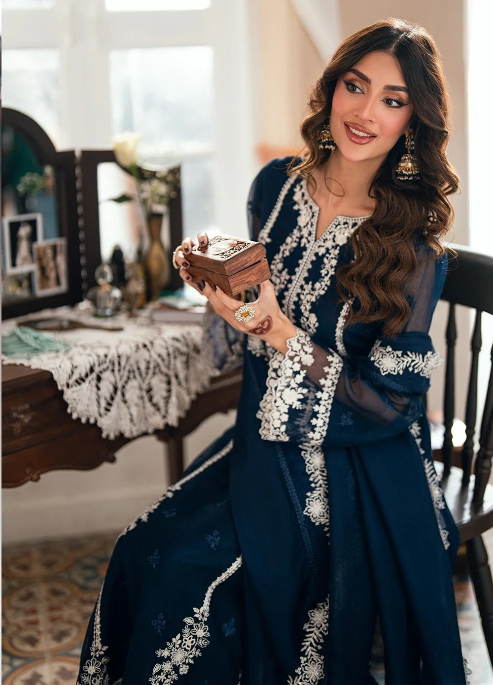 Azure Stellar Blue Luxury Chiffon Embroidered 3Pc Unstitched Suit