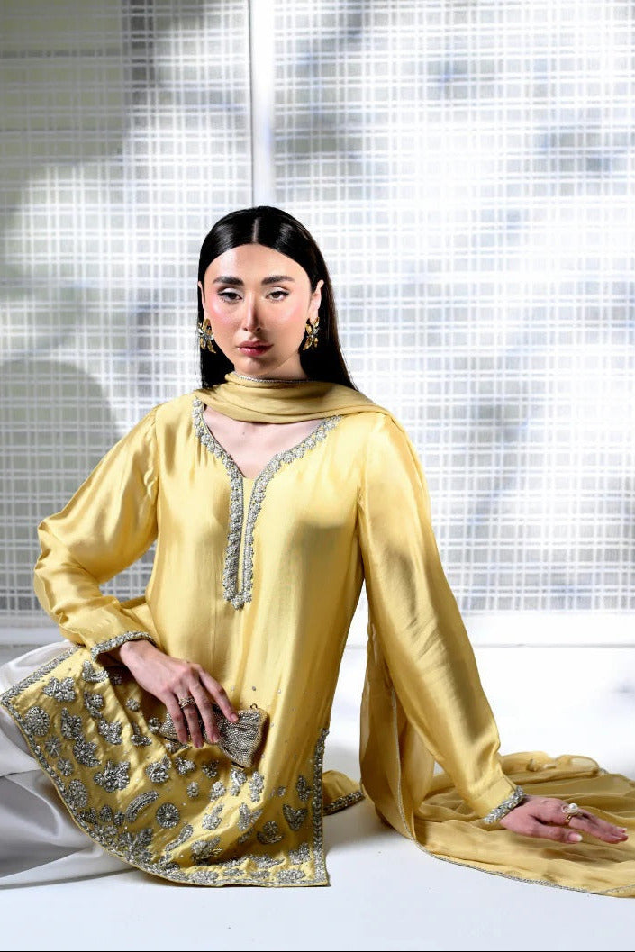 Huma Mistry Luxury Silk Embroidered 3 Pc Unstitched Suit - Butter Radiance