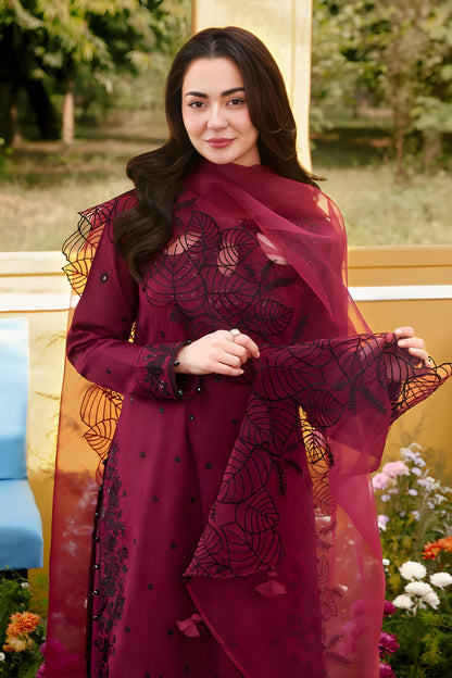 Allys - 3PC Unstitched Lawn Embroidered Shirt with Organza Embroidered Dupatta and Embroidered Trouser