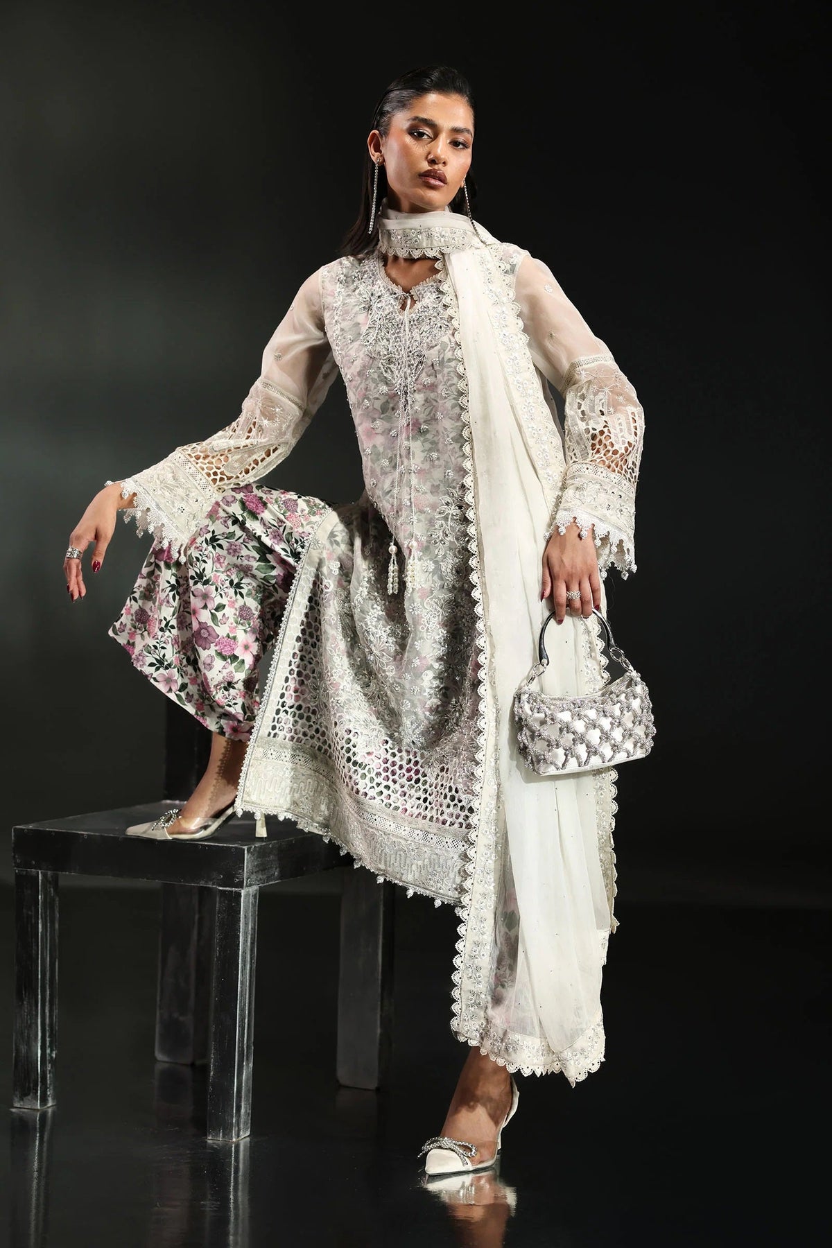 Maria B Luxury Embroidered Organza 3Pc Unstitched Suit Off White