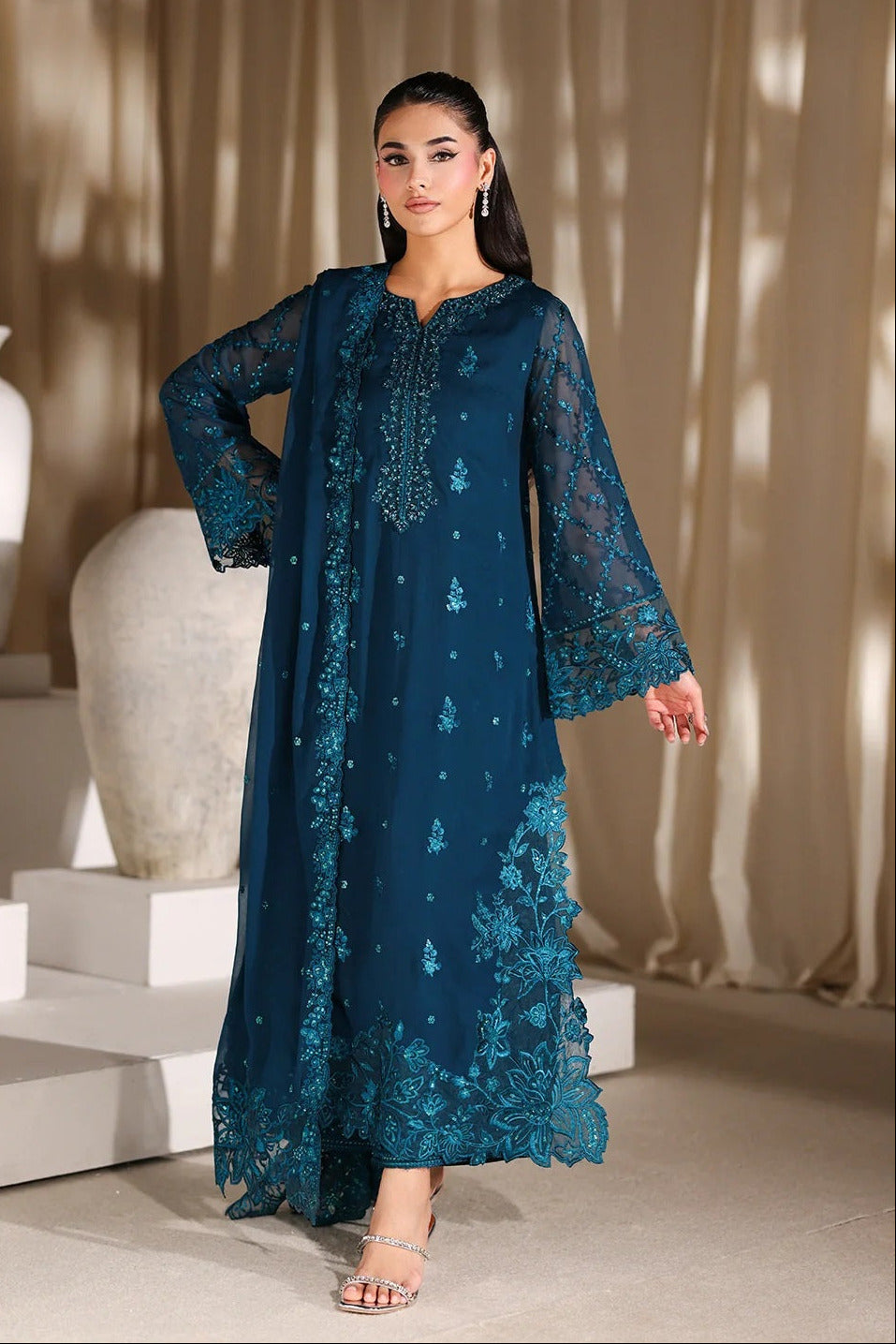 Azure Luxury Chiffon Embroidered 3Pc Unstitched Suit - Majestic Teal