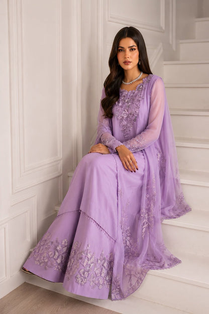 Iznik Luxury Chiffon Embroidered 3PC Unstitched Suit - Lilac