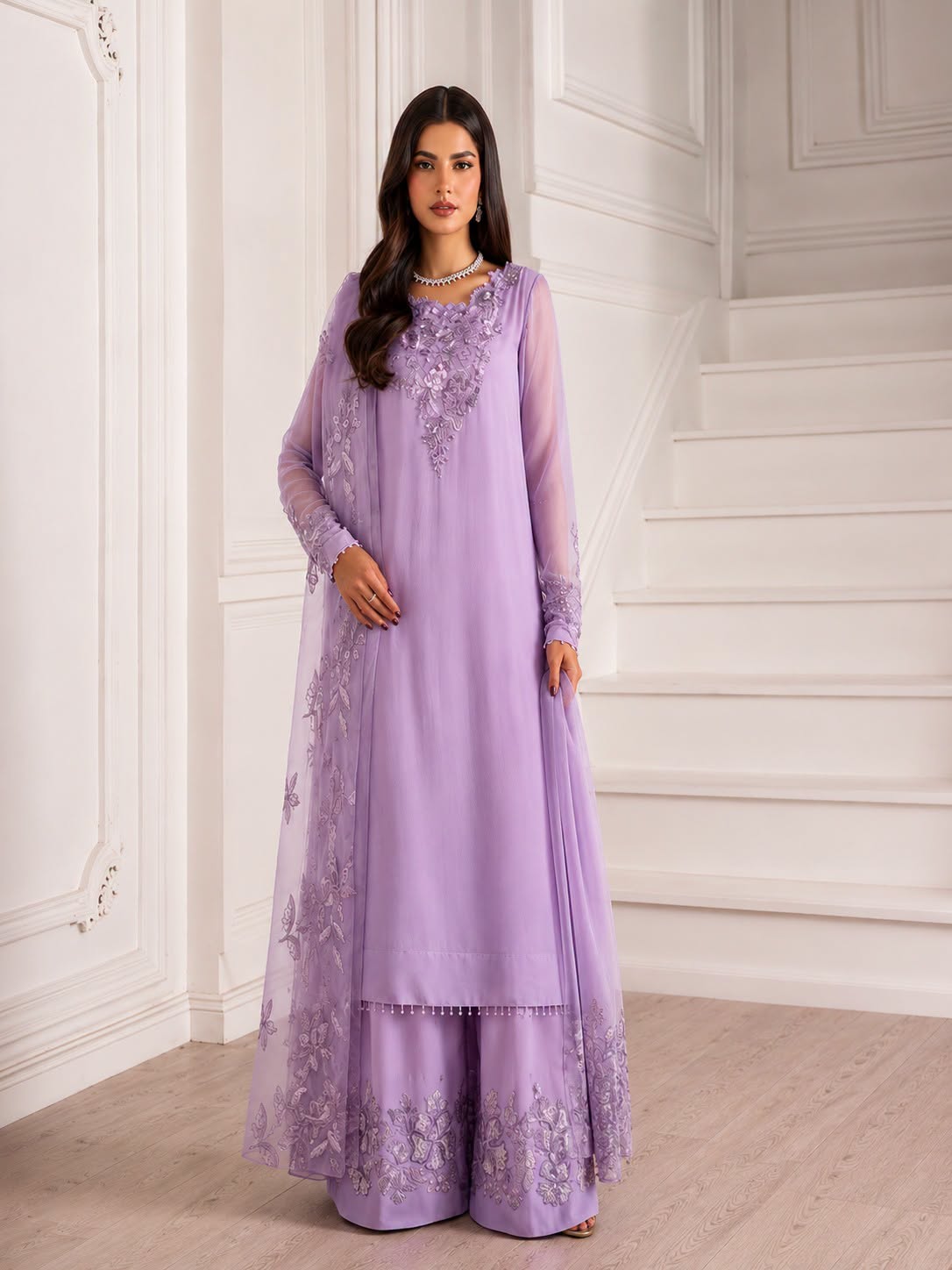 Iznik Luxury Chiffon Embroidered 3PC Unstitched Suit - Lilac