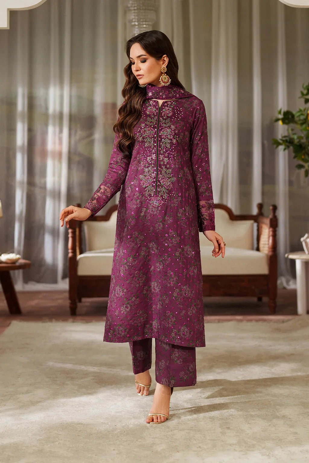 Iznik Luxury Printed & Embroidered Unstitched Lawn Suit Magenta