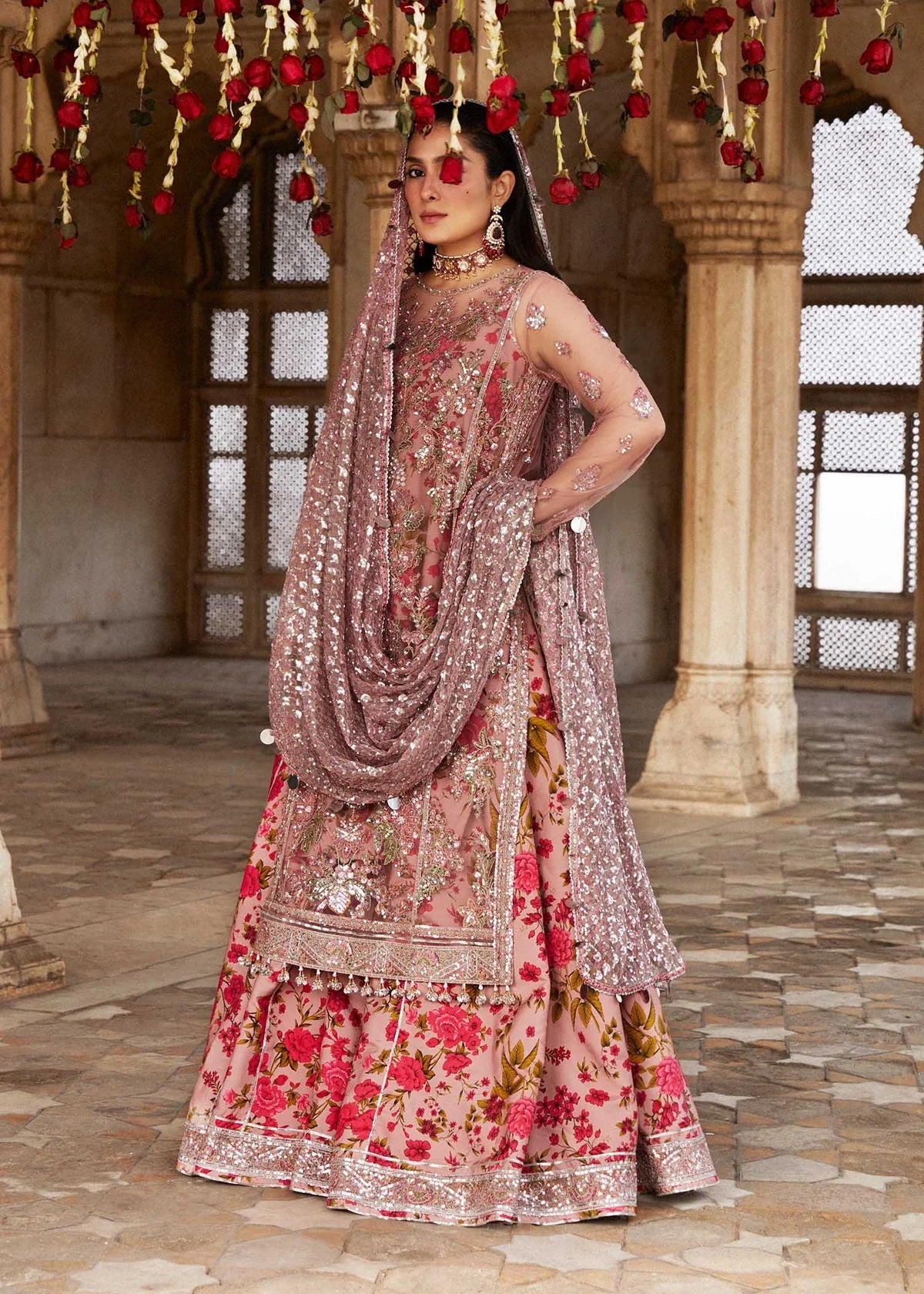 Hussain Rehar Sham Luxury Net Embroidered 3Pc Unstitched Suit Dusty Pink