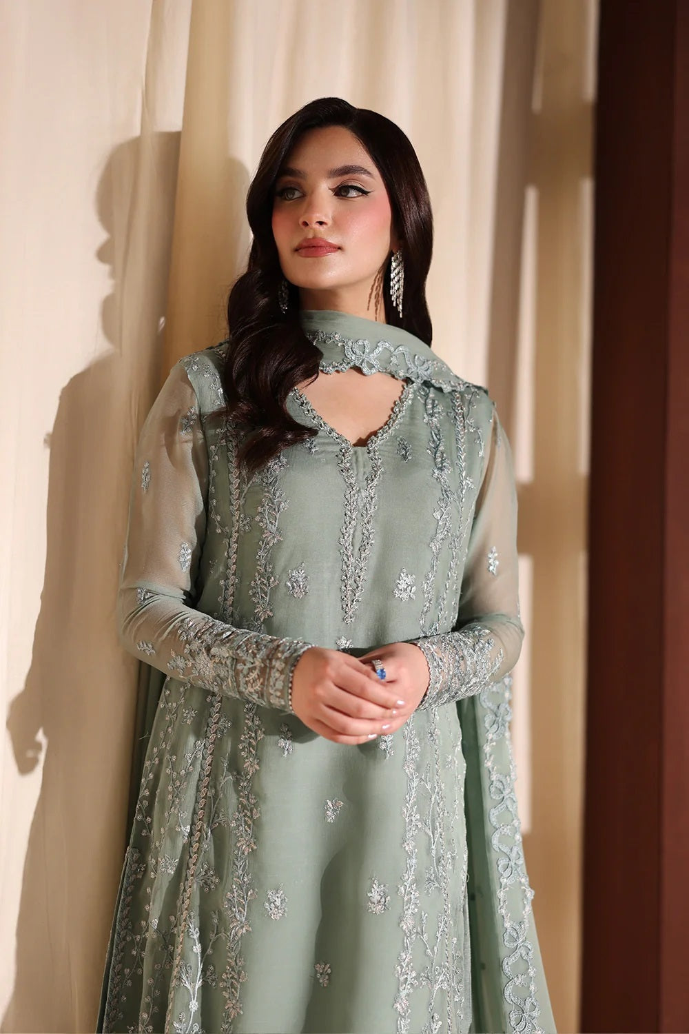 Azure Luxury Embroidered Chiffon Unstitched 3Pc Suit Satin Sage