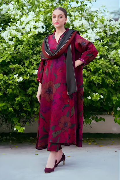 Baroque - 3PC Unstitched Printed Khaddar Shirt with Printed Khaddar Dupatta and Trouser