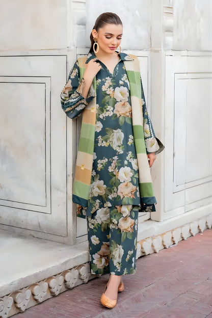 Baroque - 3PC Unstitched Printed Khaddar Shirt with Printed Khaddar Dupatta and Same Printed Trouser