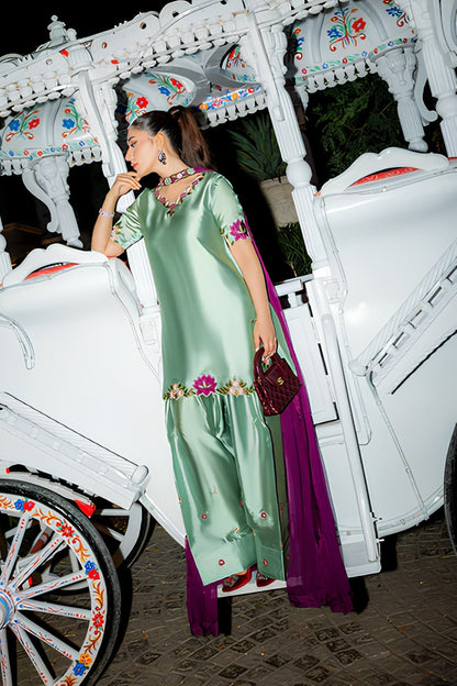 Murk - 3PC Unstitched Silk Embroidered Shirt with Chiffom Dupatta and Trouser