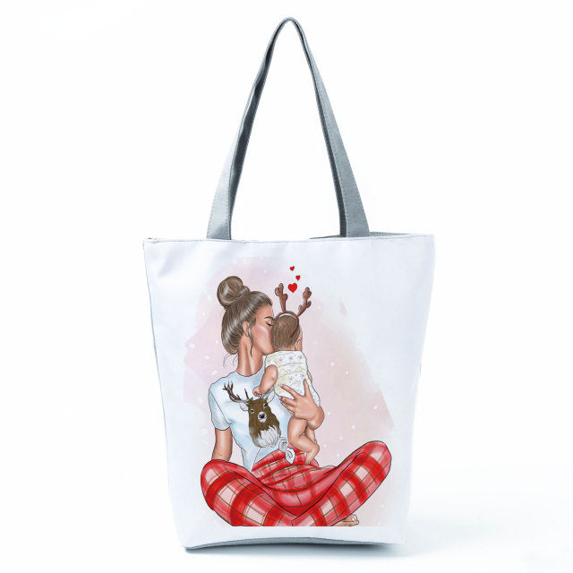 Cute Cartoon Super Mama Print Tote Bag Travel Shoulder