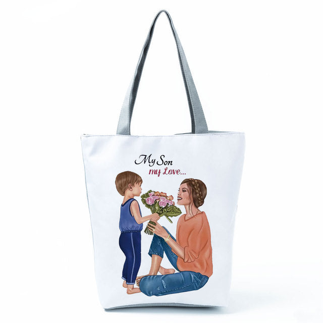 Cute Cartoon Super Mama Print Tote Bag Travel Shoulder