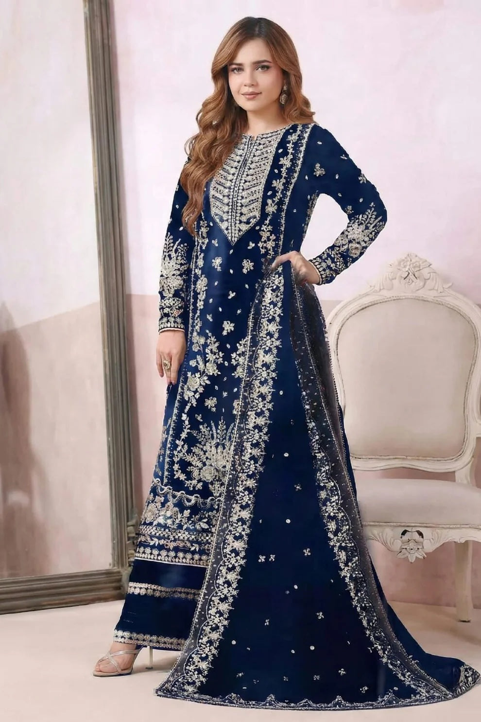 Aneelas Luxury Velvet Embroidered 3 Piece Unstitched - Zinc