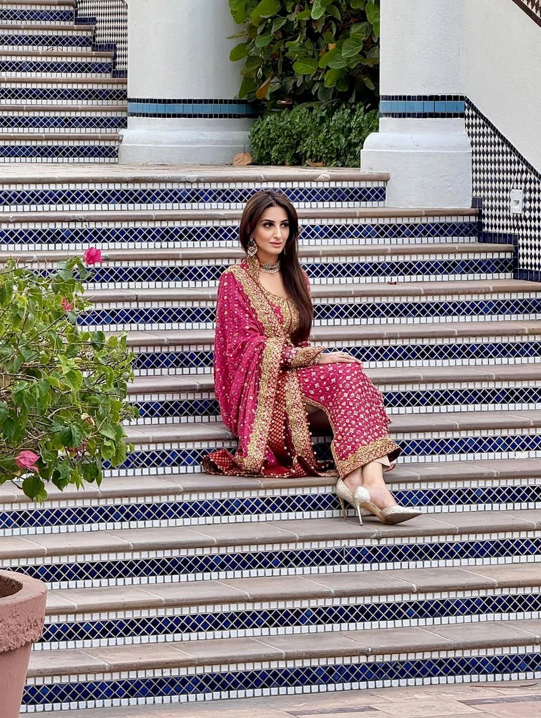 Poshkari Luxury Embroidered Chiffon Collection Shocking Pink