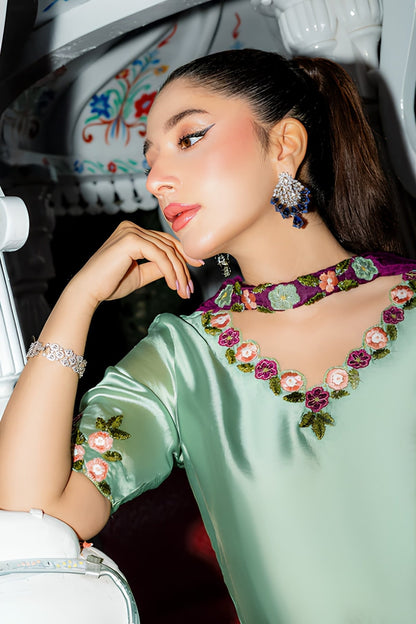 Murk - 3PC Unstitched Silk Embroidered Shirt with Chiffom Dupatta and Trouser