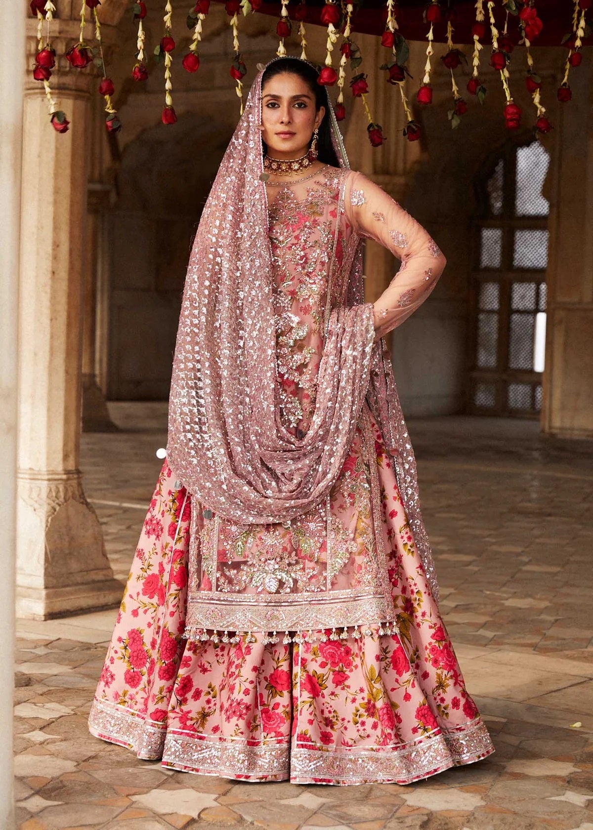 Hussain Rehar Sham Luxury Net Embroidered 3Pc Unstitched Suit Dusty Pink
