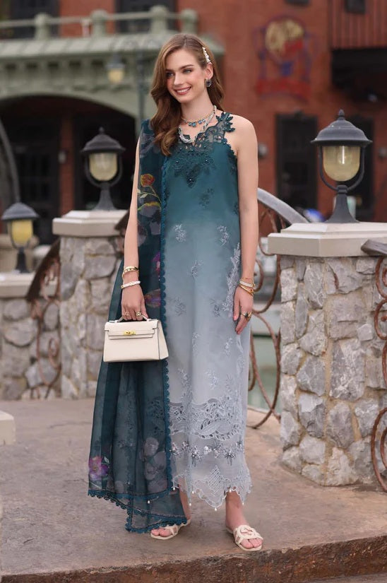 Saadia asad - Lawn Embroidered 3 Piece Unstitched - Teal Ombre