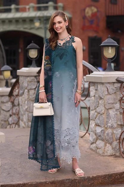 Saadia asad - Lawn Embroidered 3 Piece Unstitched - Teal Ombre