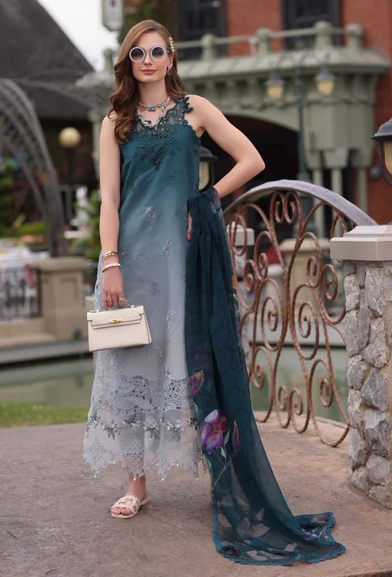 Saadia asad - Lawn Embroidered 3 Piece Unstitched - Teal Ombre