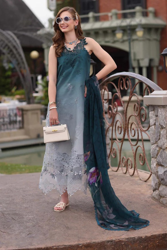 Saadia asad - Lawn Embroidered 3 Piece Unstitched - Teal Ombre