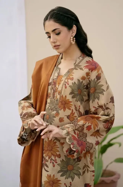 Baroque - 3PC Unstitched Digital Printed Karandi Shirt with Neck Patch and Digital Printed Karandi Dupatta with Trouser