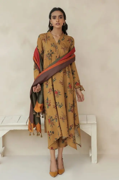 Baroque - 3PC Unstitched Digital Printed Karandi Shirt with Printed Karandi Dupatta and Trouser