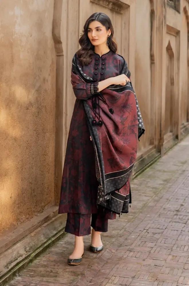Baroque - 3PC Unstitched Printed Khaddar Shirt with Printed Khaddar Dupatta and Same Printed Trouser