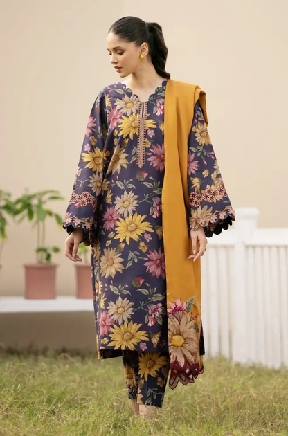 Baroque - 3PC Unstitched kranadi Printed Shirt with Embroidered Neck Patch and Trouser with Printed Karandi Dupatta