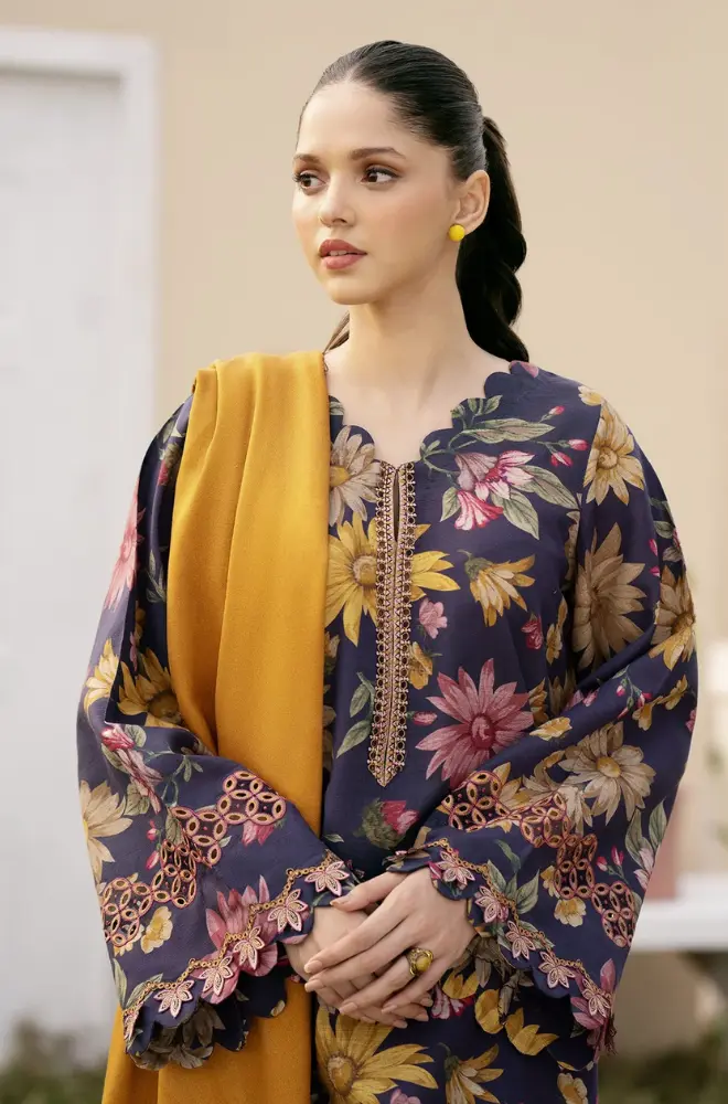 Baroque - 3PC Unstitched kranadi Printed Shirt with Embroidered Neck Patch and Trouser with Printed Karandi Dupatta