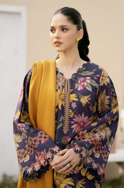 Baroque - 3PC Unstitched kranadi Printed Shirt with Embroidered Neck Patch and Trouser with Printed Karandi Dupatta