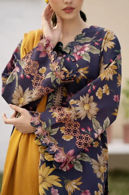 Baroque - 3PC Unstitched kranadi Printed Shirt with Embroidered Neck Patch and Trouser with Printed Karandi Dupatta