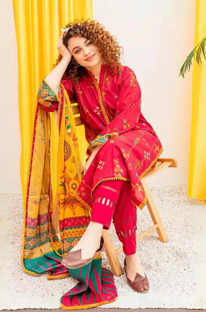 Batik - 3PC Unstitched Embroidered Khaddar Shirt with Printed Pashmina Wool Shawl and Trouser
