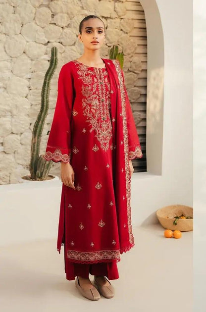 Beechtree - 3PC Unstitched Dhanak Embroidered Shirt with Dhanak Embroidered Dupatta and Trouser