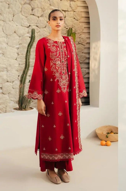 Beechtree - 3PC Unstitched Dhanak Embroidered Shirt with Dhanak Embroidered Dupatta and Trouser