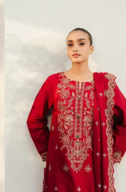 Beechtree - 3PC Unstitched Dhanak Embroidered Shirt with Dhanak Embroidered Dupatta and Trouser