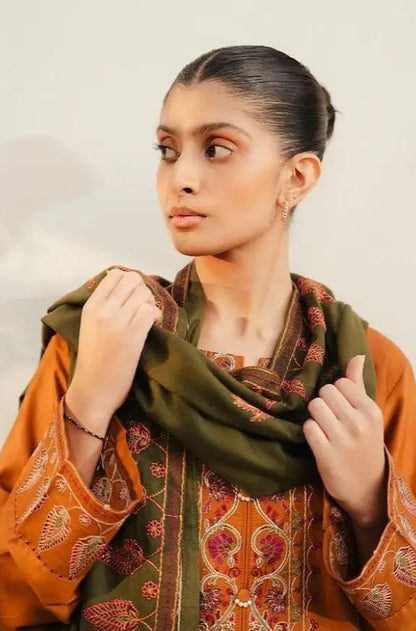 Beechtree - 3PC Unstitched Dhanak Embroidered Shirt with Dhanak Embroidered Dupatta and Trouser
