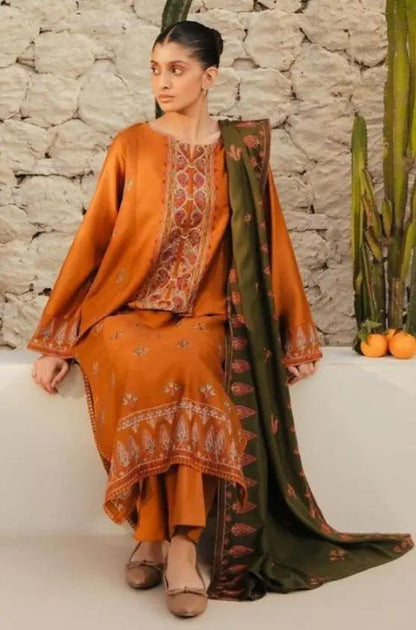 Beechtree - 3PC Unstitched Dhanak Embroidered Shirt with Dhanak Embroidered Dupatta and Trouser